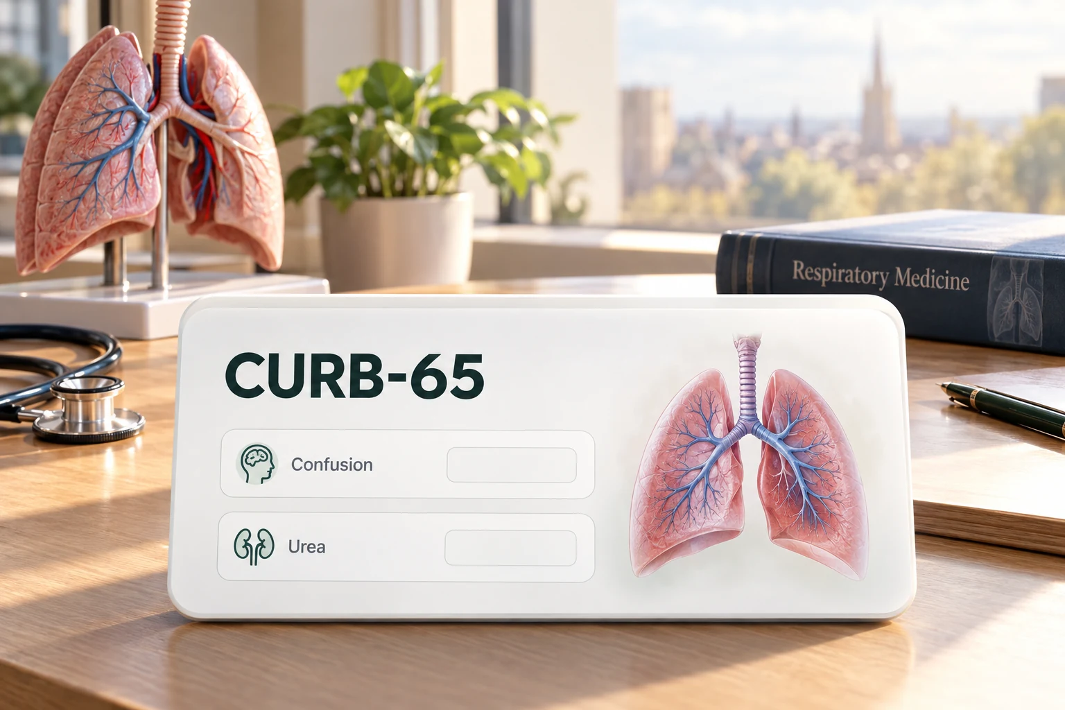 CURB-65 calculator product visual in a pulmonology setting