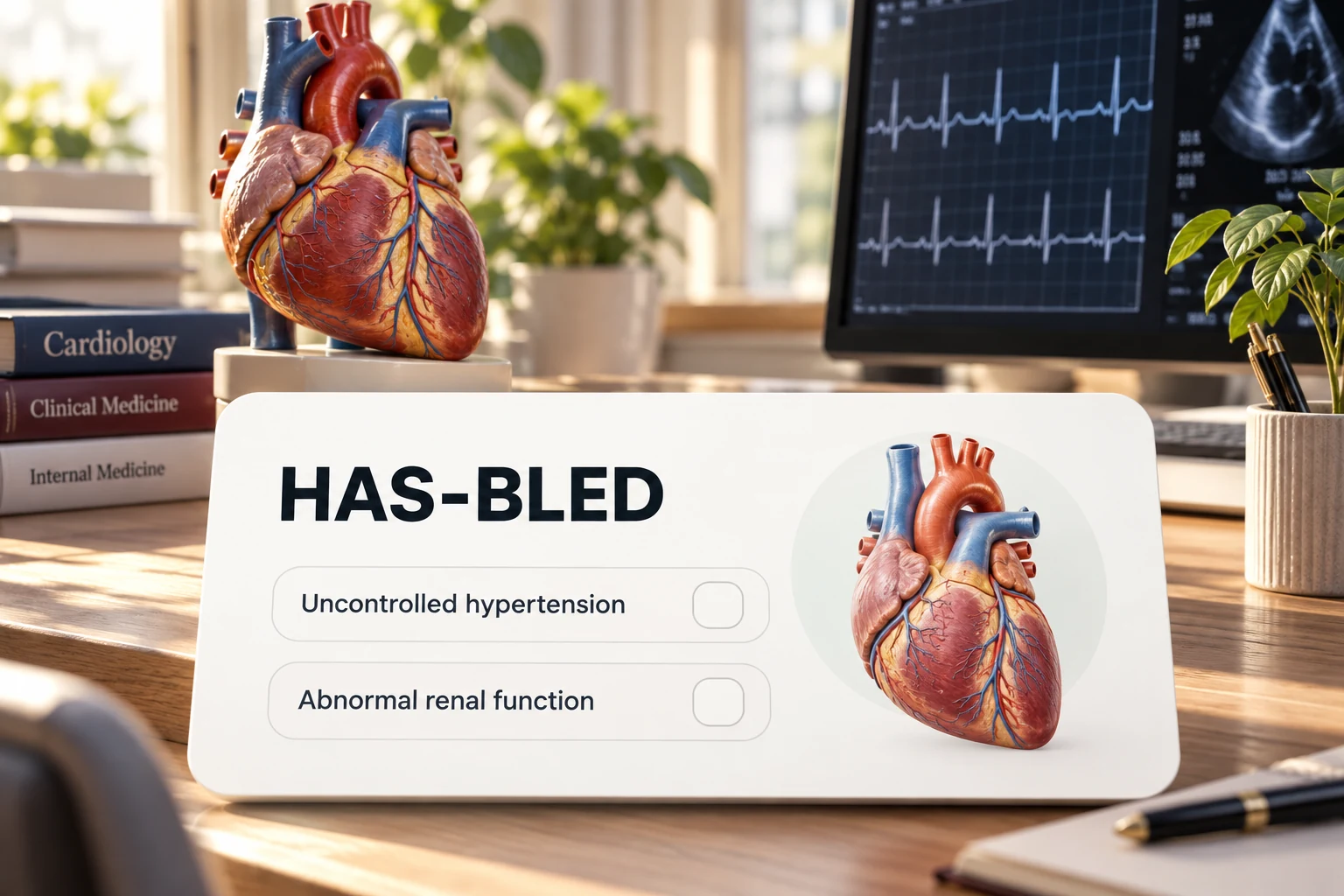 HAS-BLED calculator product visual in a cardiology setting