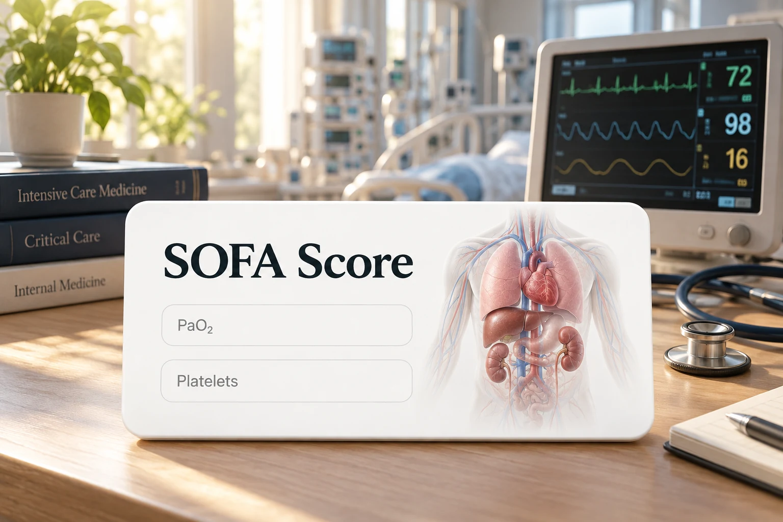 SOFA Score calculator product visual in a critical care setting