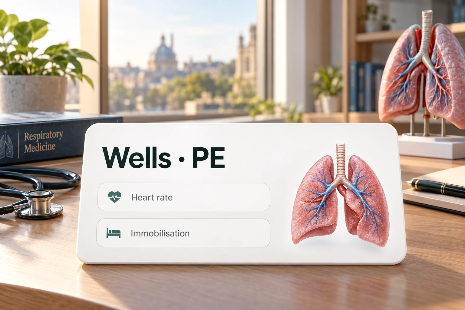 Wells · PE calculator product visual in a pulmonology setting