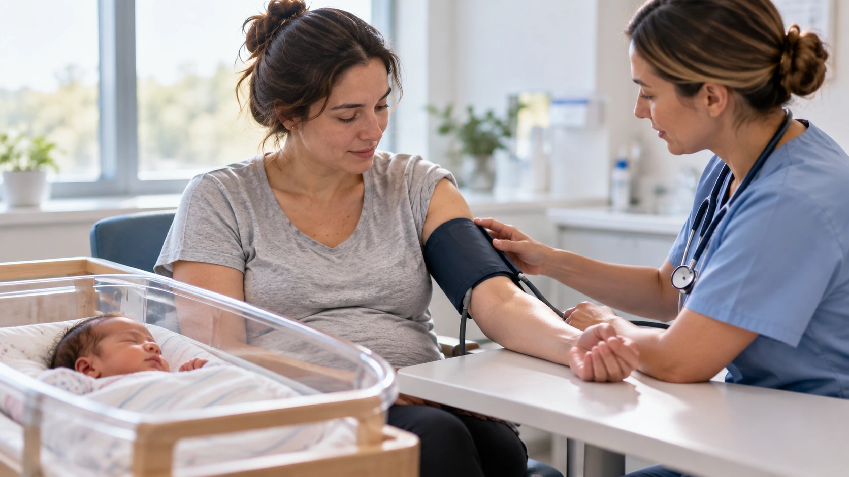 A nurse checking a mother's blood pressure during a postpartum follow-up visit.