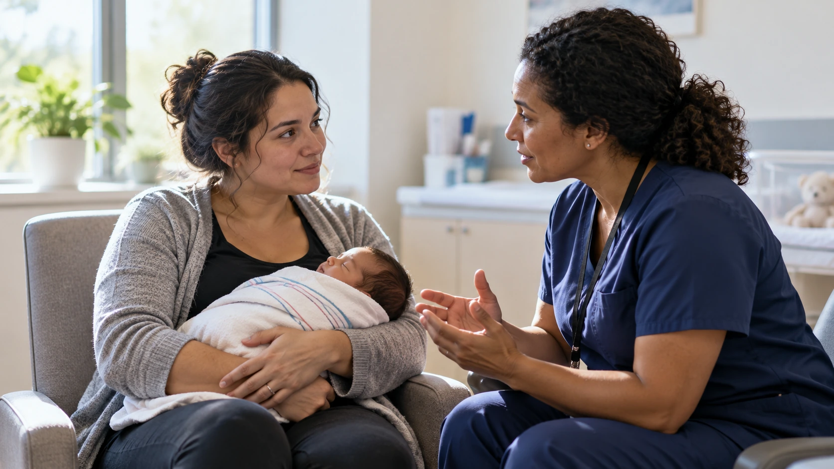 A health worker speaking with a mother holding her infant.