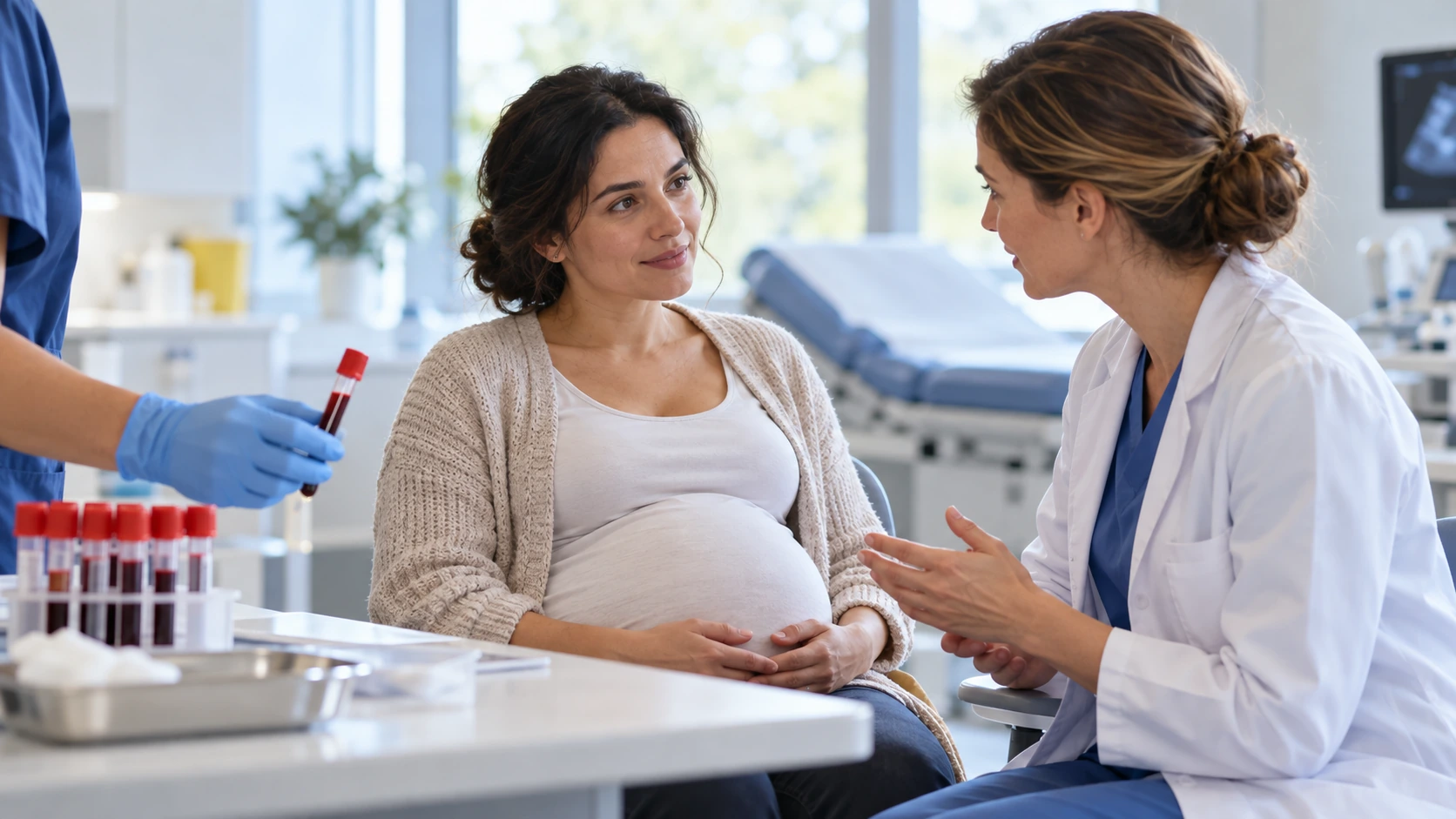 An antenatal consultation with a sealed blood sample on the table.