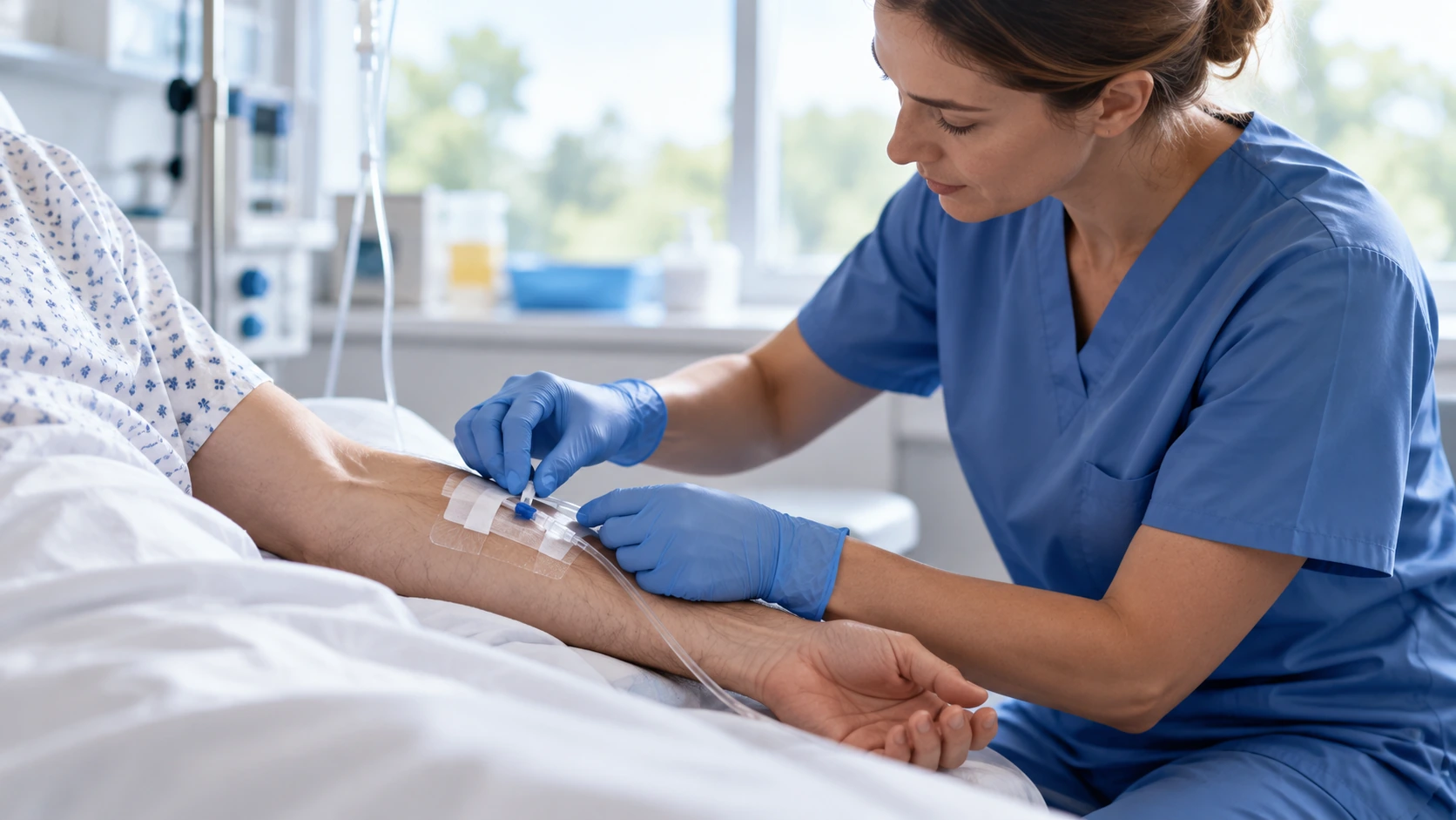 A research nurse checking an intravenous line on an adult forearm.