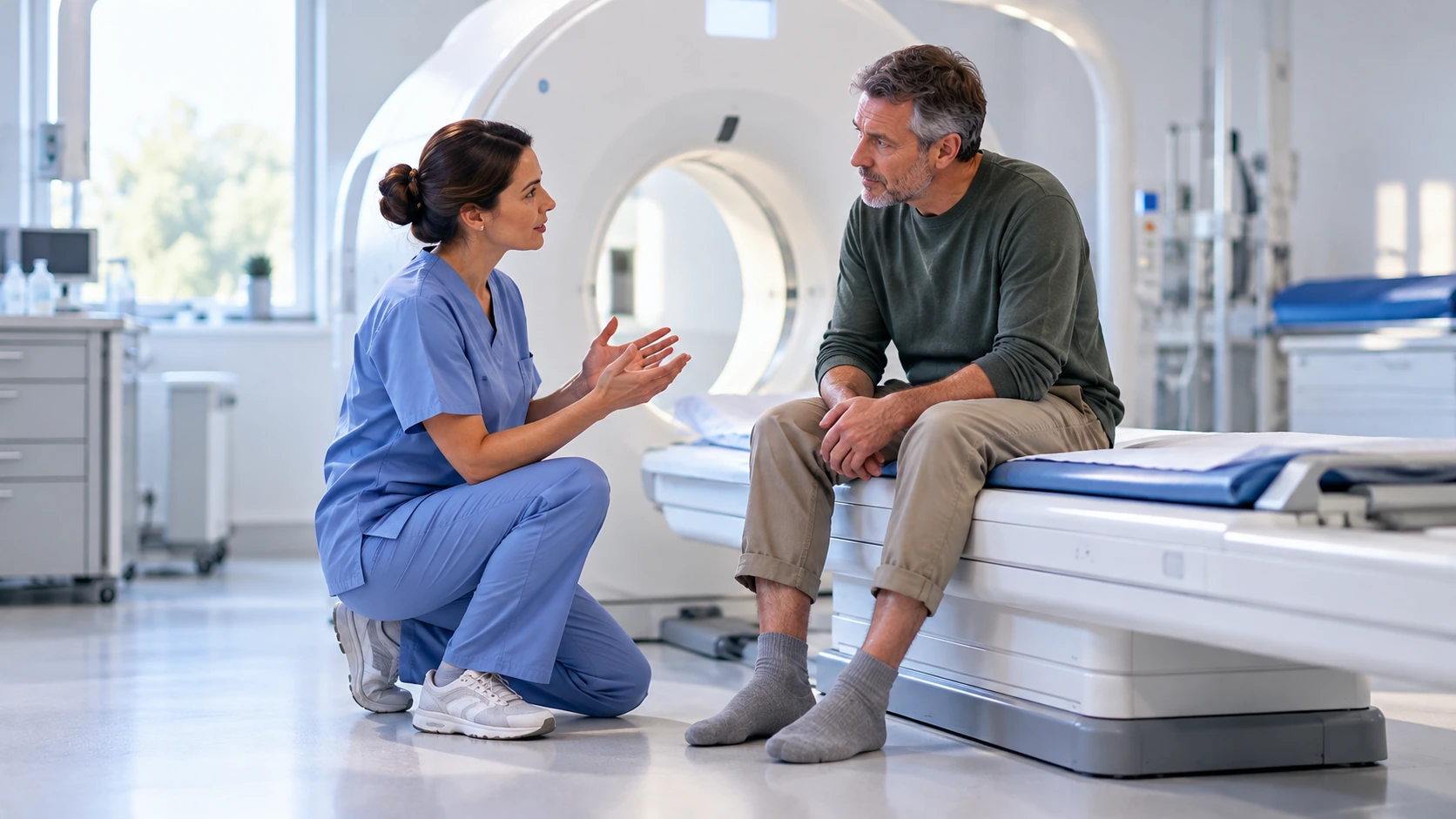 A radiographer preparing an adult for a CT assessment.