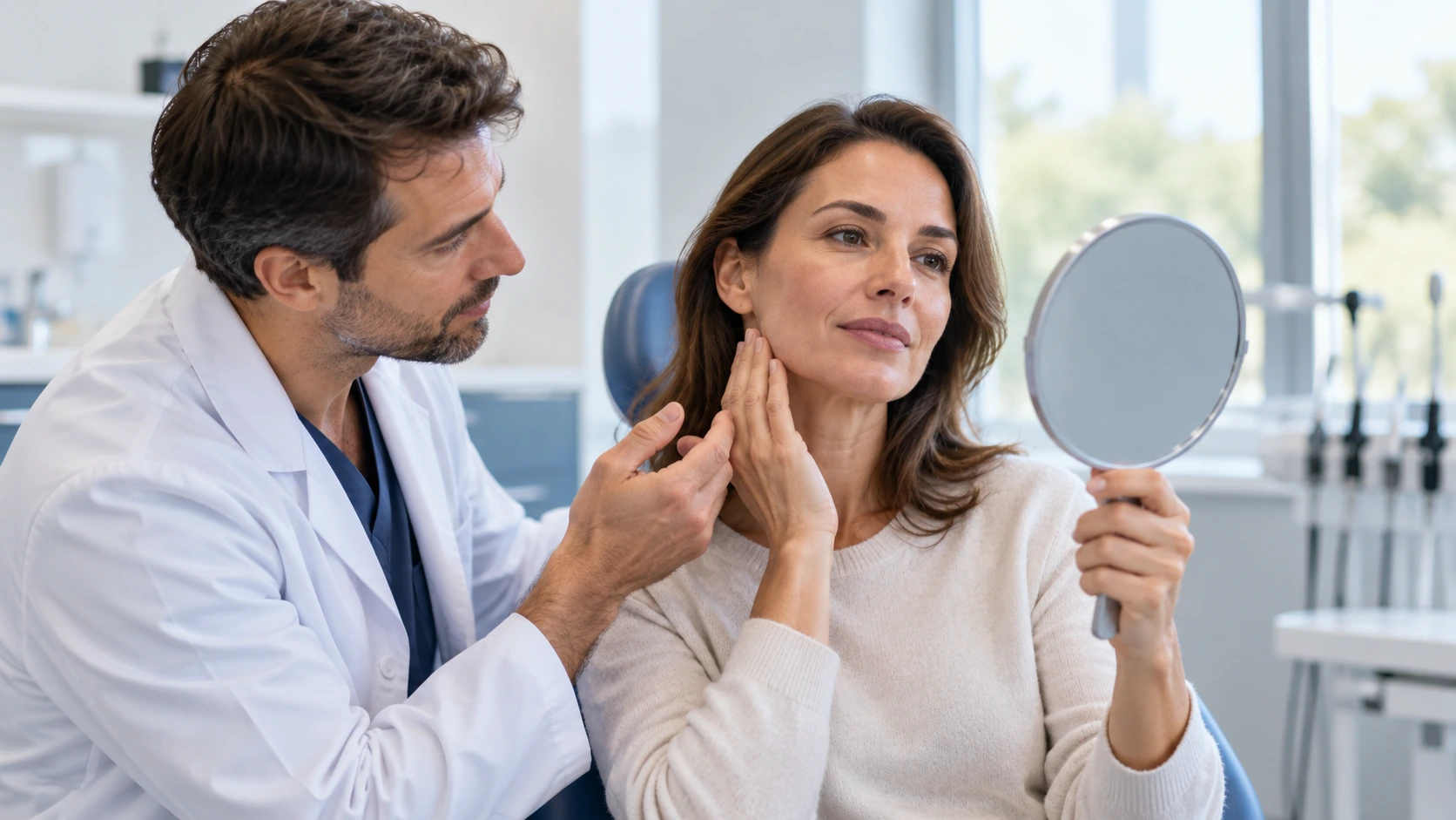 A clinician assessing facial movement during a follow-up visit.