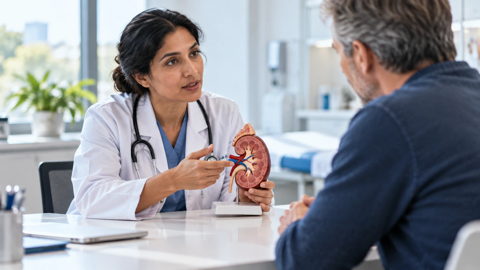 A clinician discussing renal assessment with a kidney teaching model.