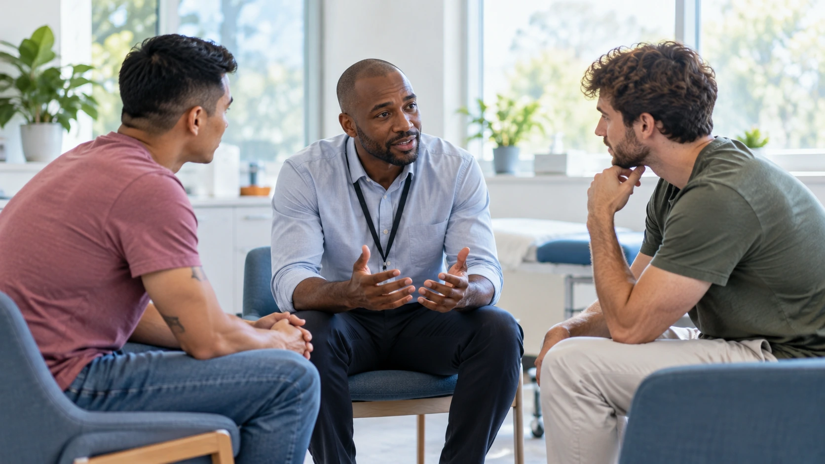 A counselor speaking with two adults in a community clinic.
