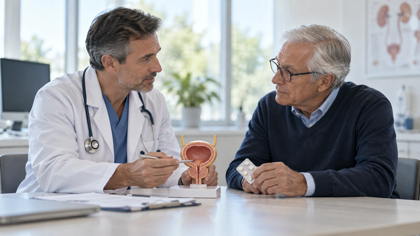 A urologist discussing care with a patient beside a bladder teaching model.