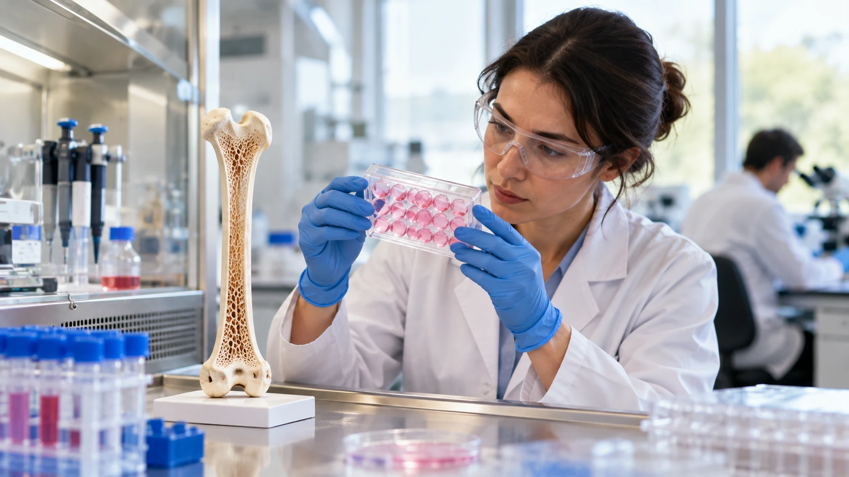 A scientist examining a culture plate beside a bone teaching model.