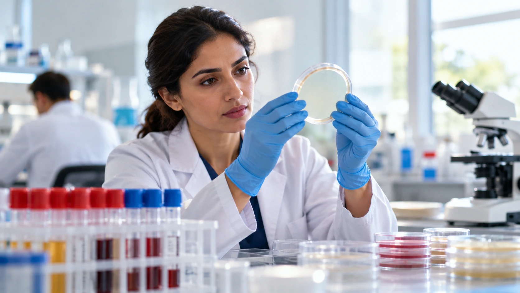 A microbiologist inspecting a closed culture dish and sealed sample tubes.