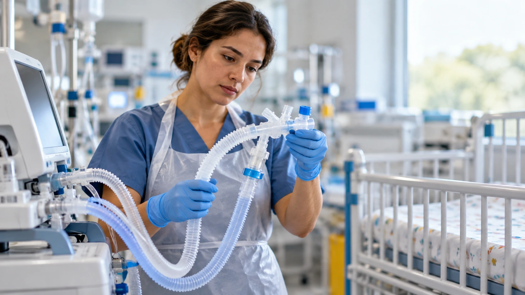 A respiratory therapist checking a small breathing circuit beside a pediatric cot.