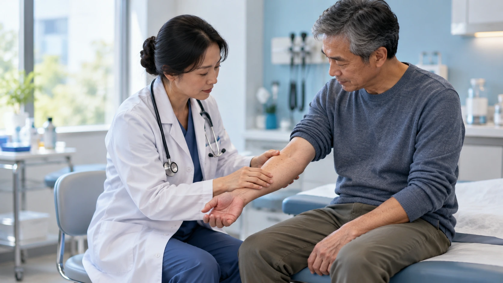 A dermatologist examining an adult patient's forearm.