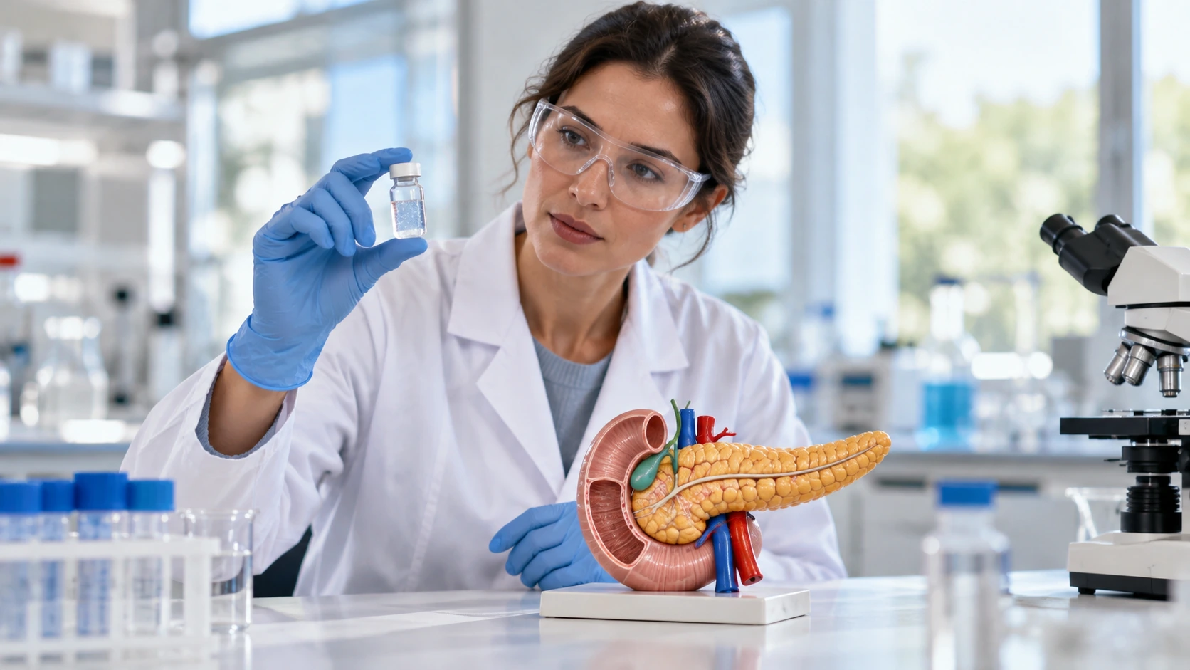 A scientist inspecting a hydrogel vial beside a pancreas teaching model.