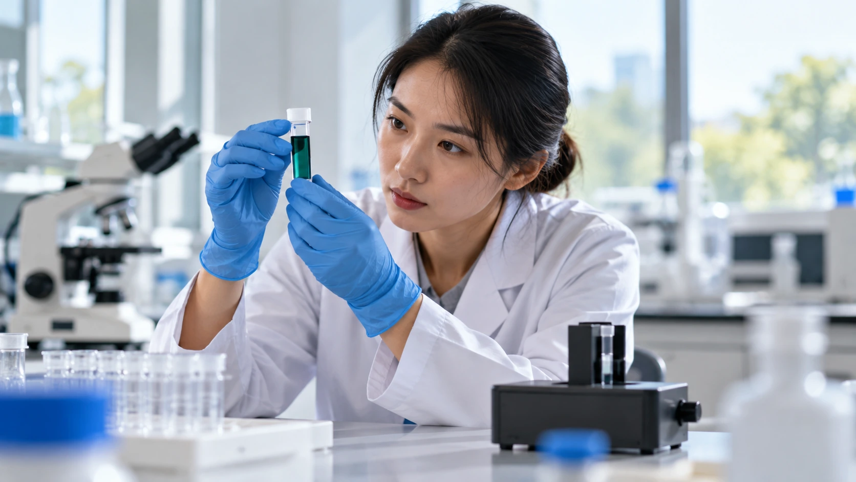 A researcher examining a sealed cuvette in a biomaterials laboratory.