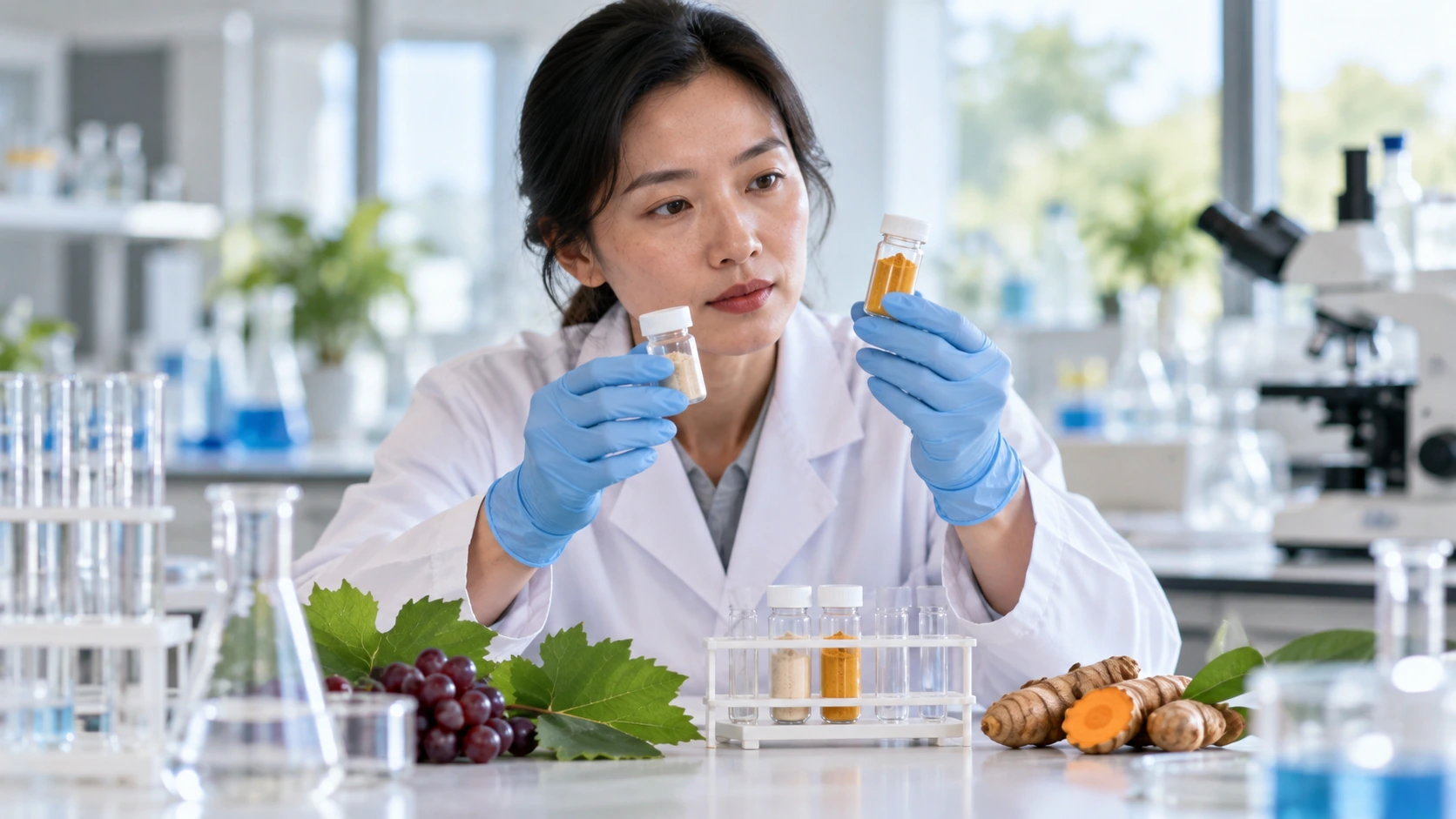 A researcher inspecting compound samples beside turmeric in a laboratory.