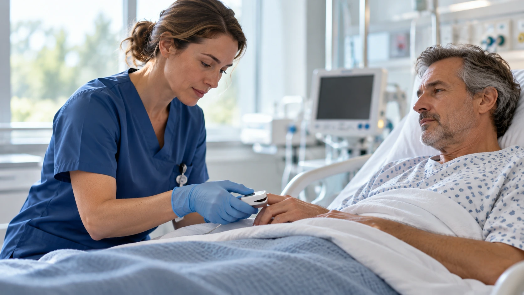 A nurse checking a finger pulse-oximeter on a patient's hand.