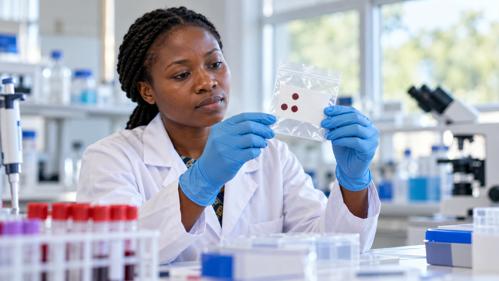 A researcher examining a sealed dried-blood-spot sample.