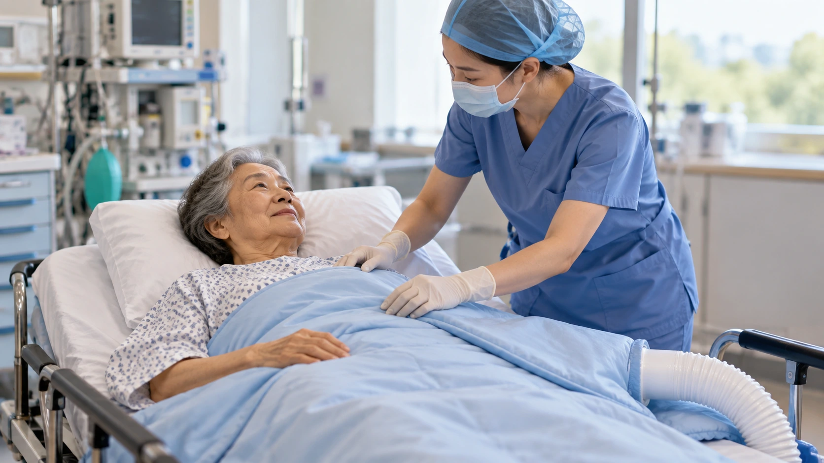 A nurse checking a warming blanket for an older patient before surgery.