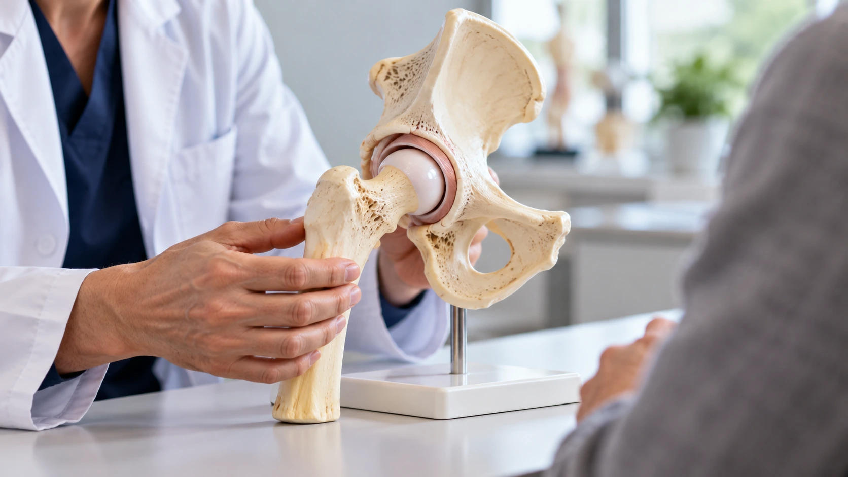 An anatomical hip-joint model used during an orthopaedic consultation.