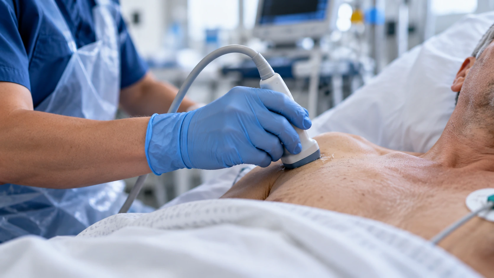 A clinician performing a bedside lung-ultrasound assessment in a hospital recovery room.