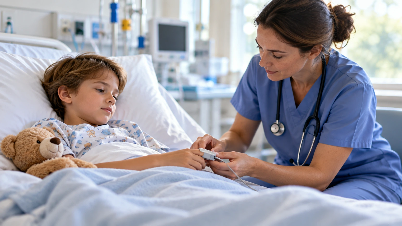 A paediatric nurse checking a child's finger pulse oximeter during hospital monitoring.