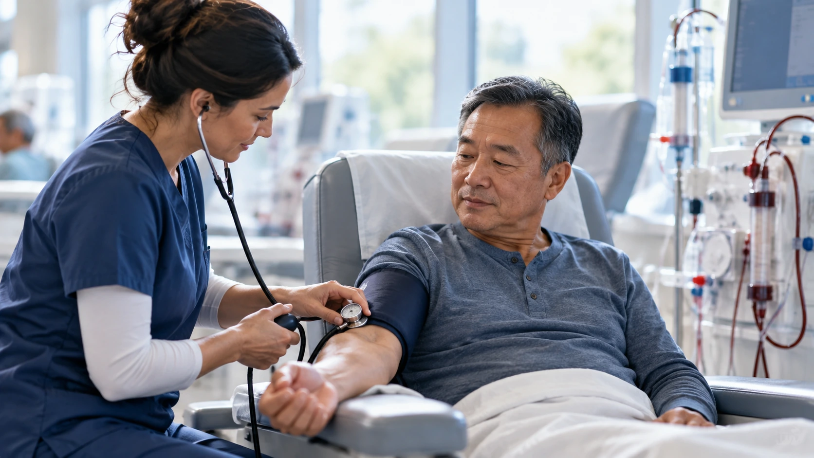 A nurse checking blood pressure during an adult patient's dialysis-clinic visit.