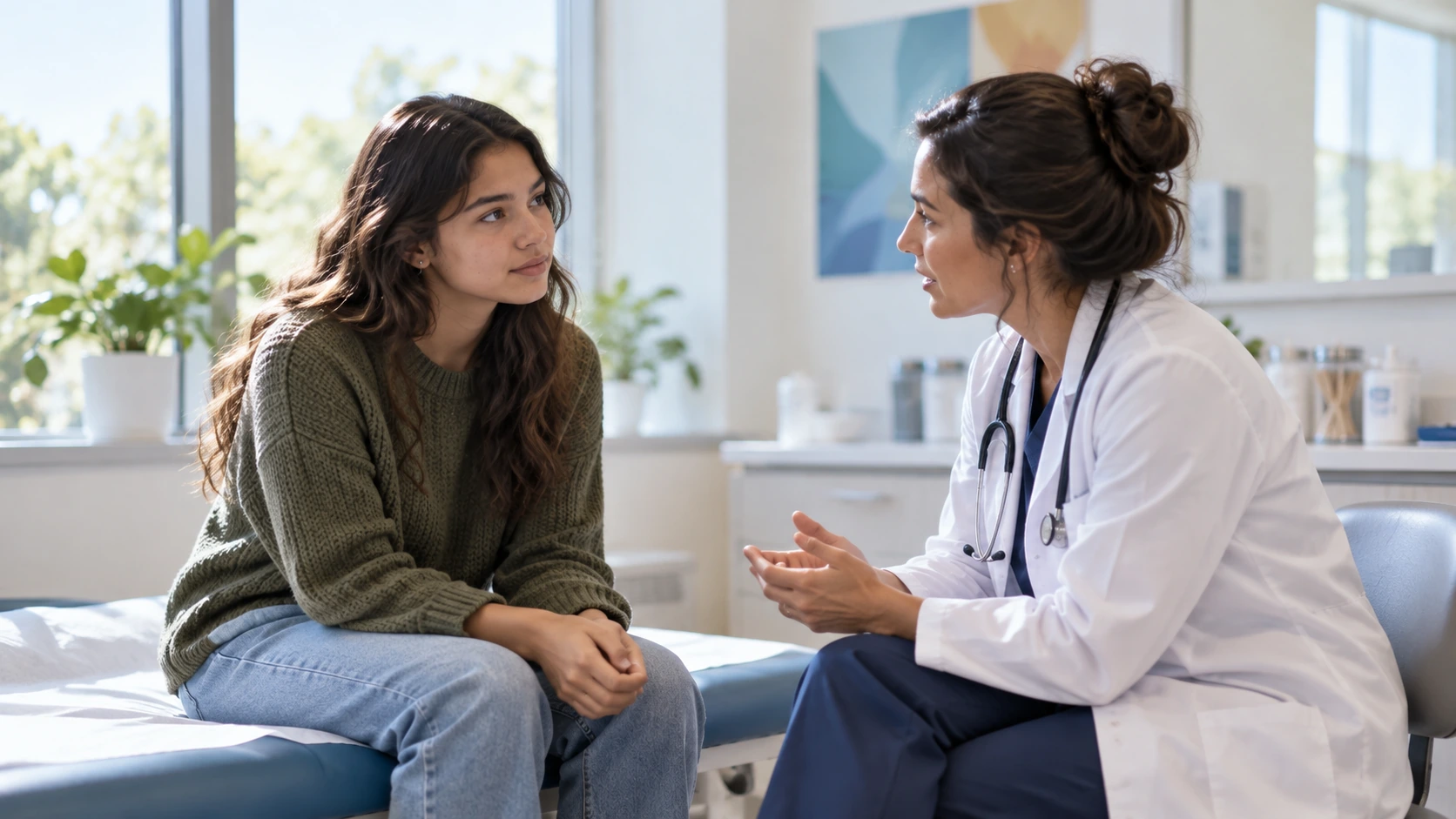 A young adult speaking privately with a healthcare counselor.