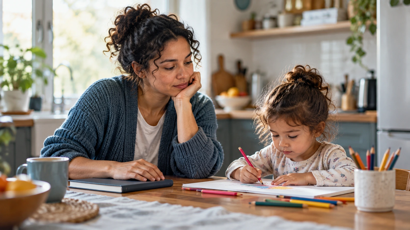 A parent sitting with a young child at a kitchen table.