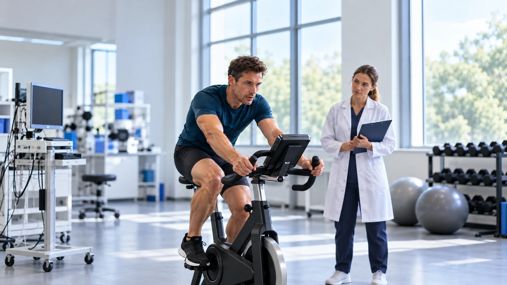 An adult cyclist using a stationary ergometer in a sports research laboratory.