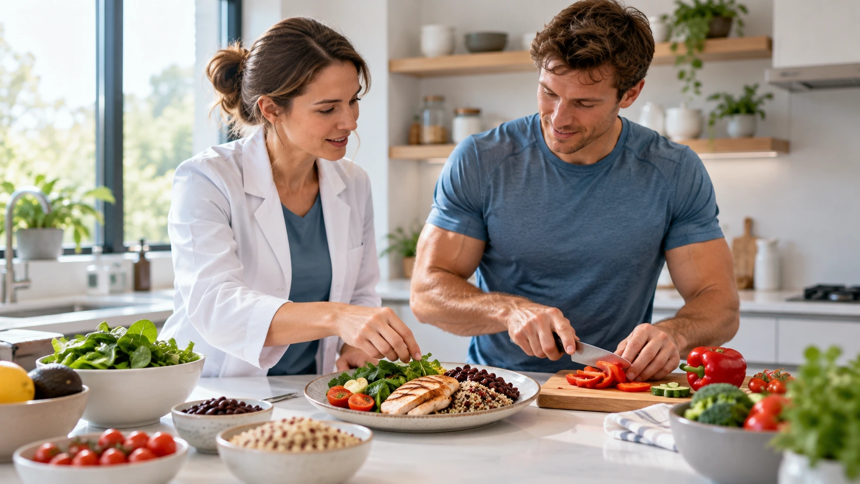 A dietitian and an adult preparing a balanced meal.