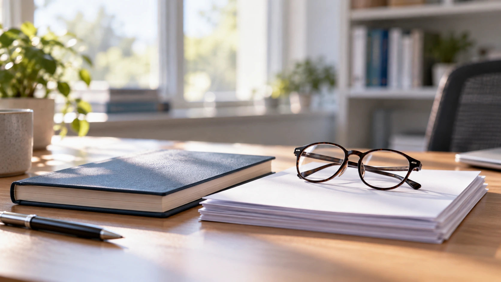 A closed journal and reading glasses on an academic desk.