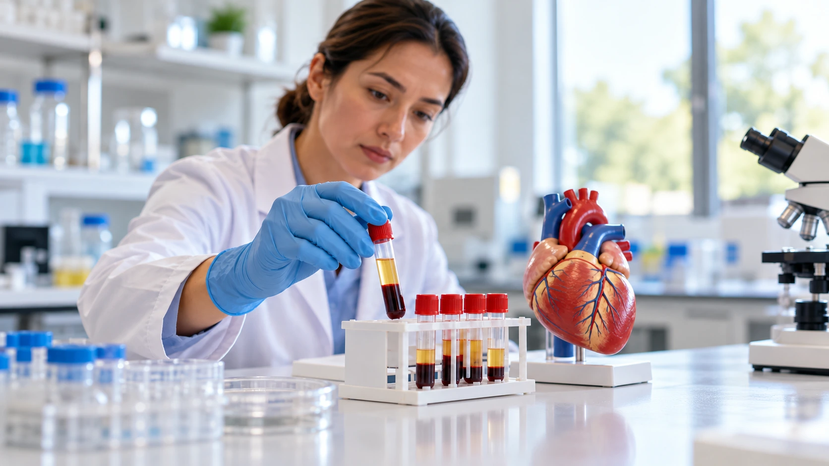 A researcher handling a serum sample beside a heart teaching model.