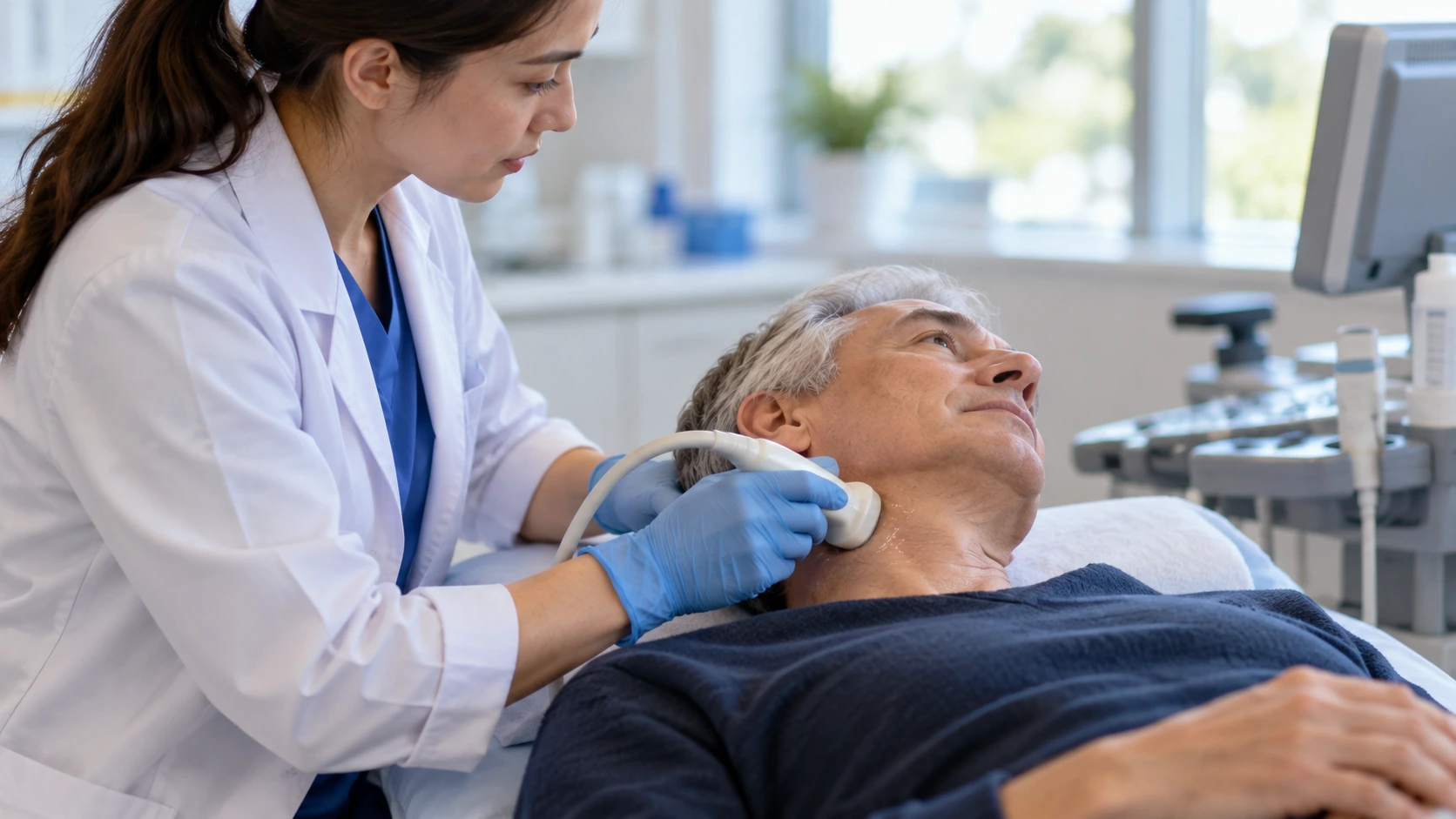 A sonographer positioning an ultrasound probe for a neck assessment.