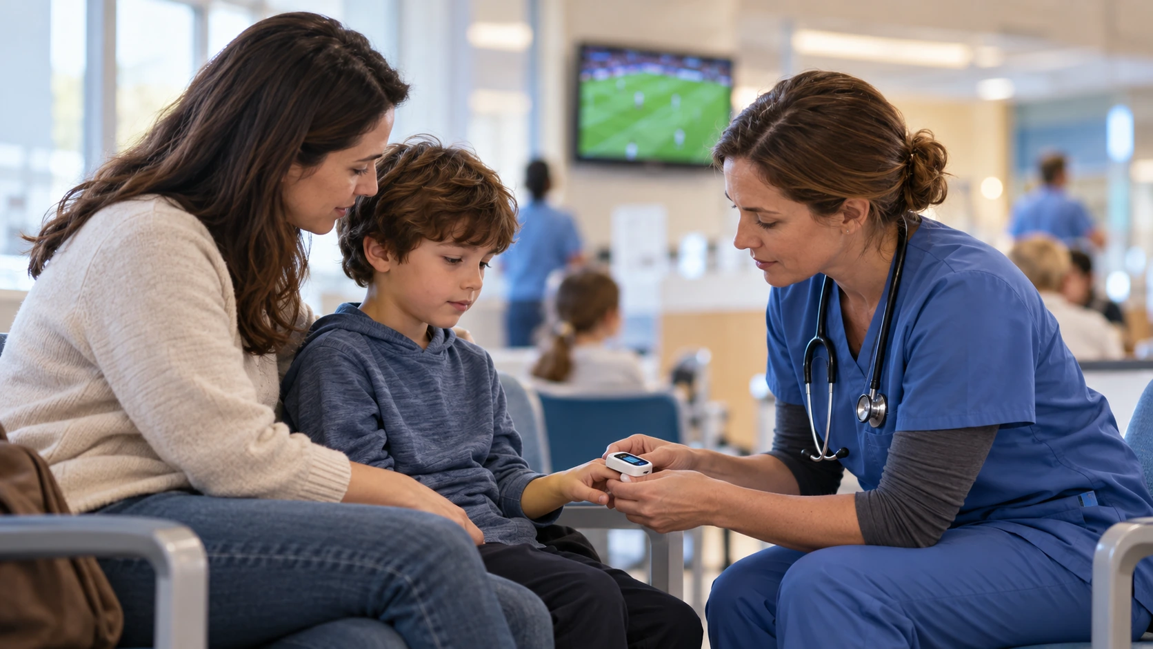 A child and parent speaking with a pediatric nurse.