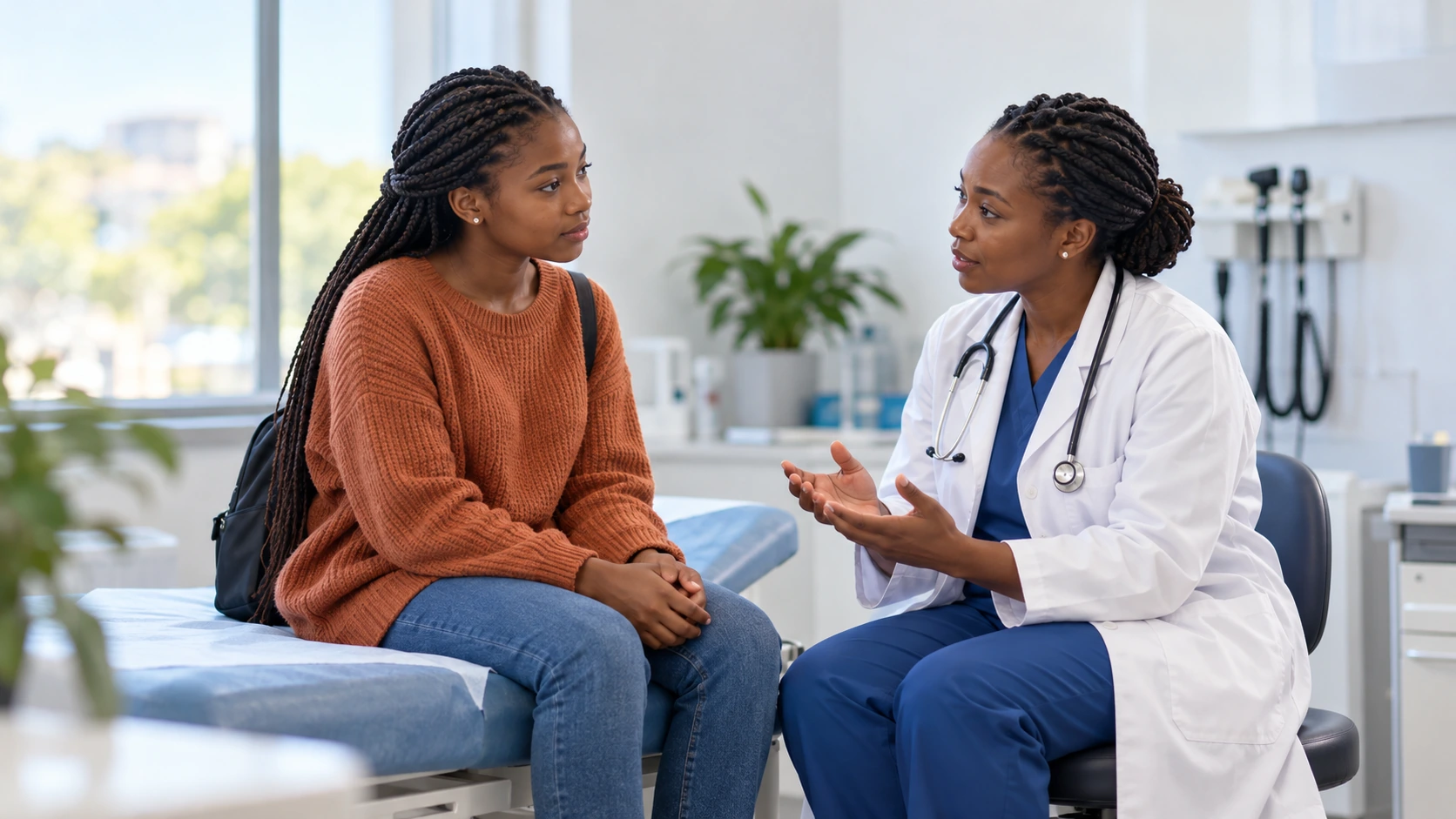 A young woman speaking with a clinician during a reproductive-health consultation.