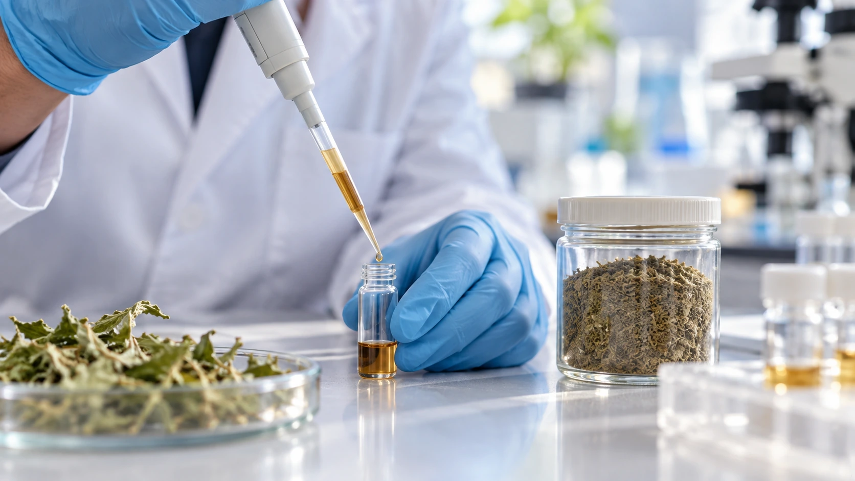 A researcher preparing a plant-extract sample in a laboratory.