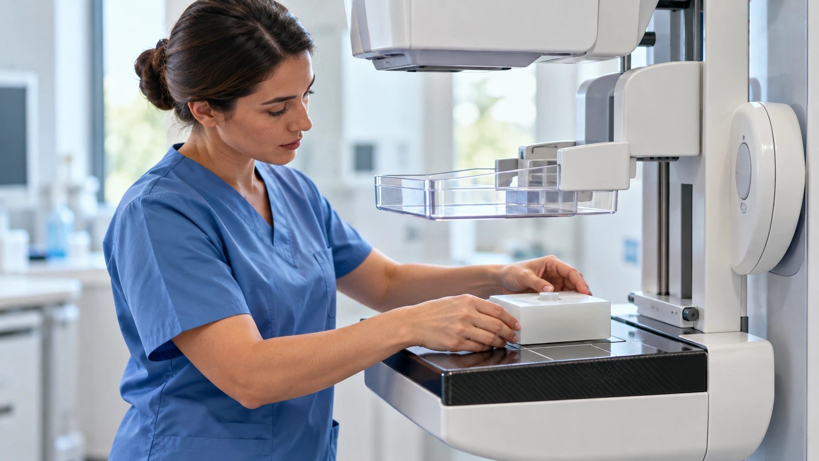 A radiographer preparing a mammography machine for quality control.