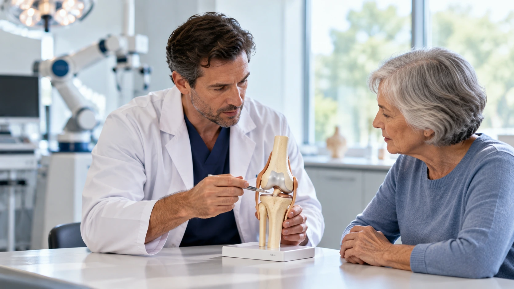 An orthopedic surgeon explaining a knee teaching model to an older adult.