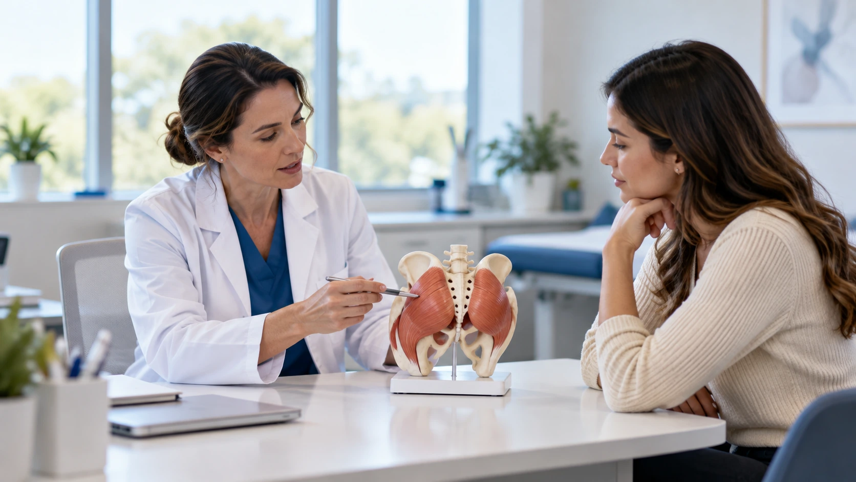 A clinician discussing an anatomical teaching model with an adult woman.