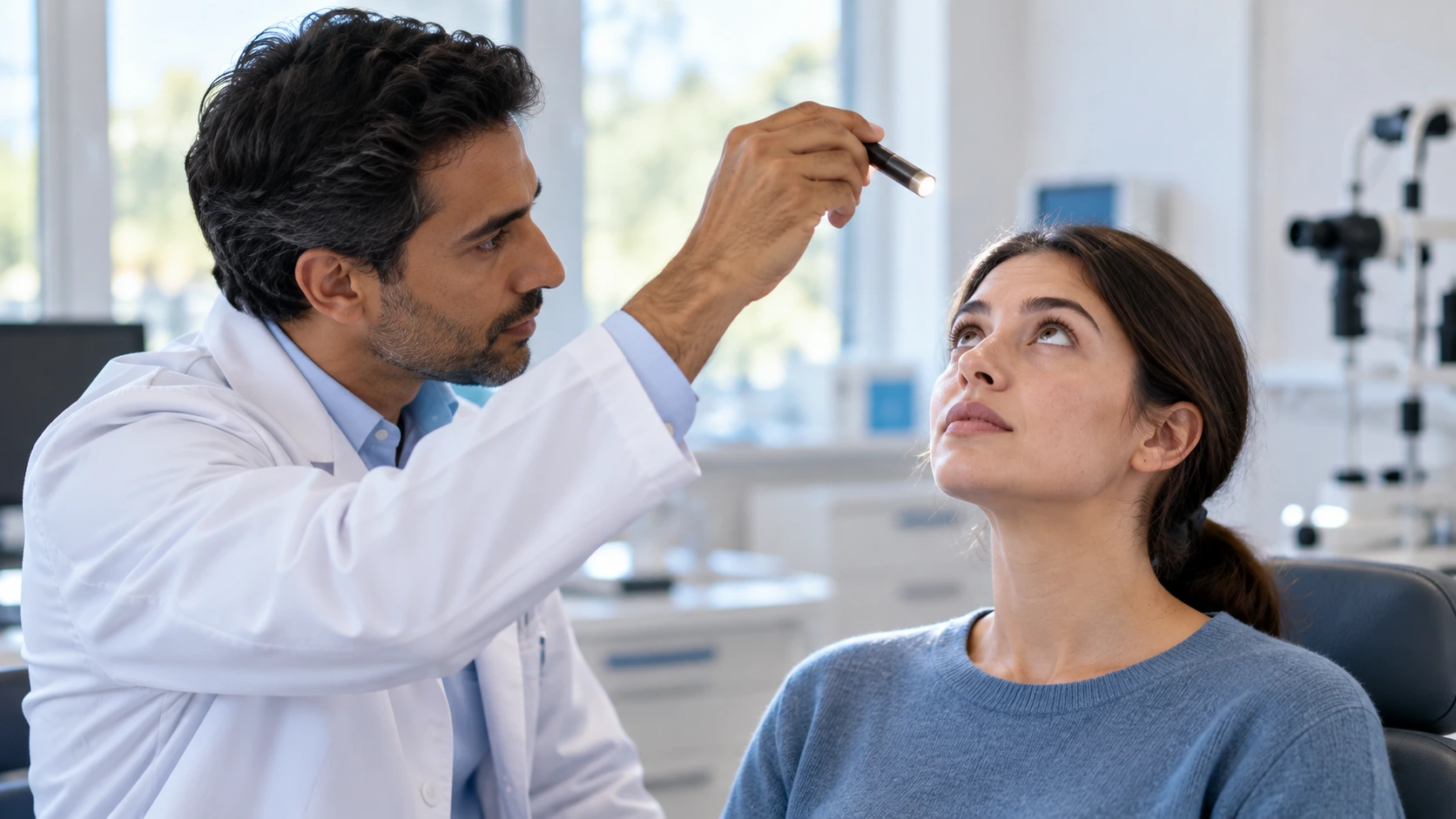 A clinician assessing an adult's upward eye movement.