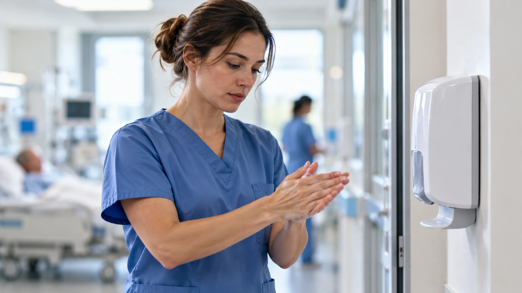 A hospital nurse performing hand hygiene at a ward doorway.