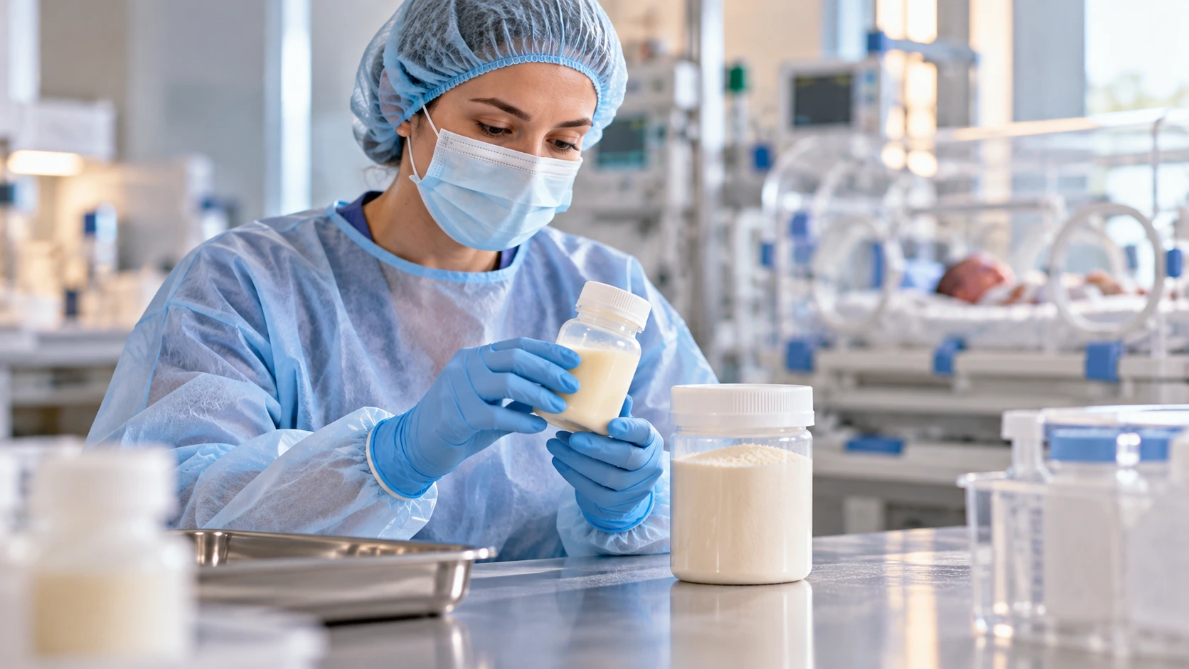 A neonatal milk-bank technician handling a sealed milk storage bottle.