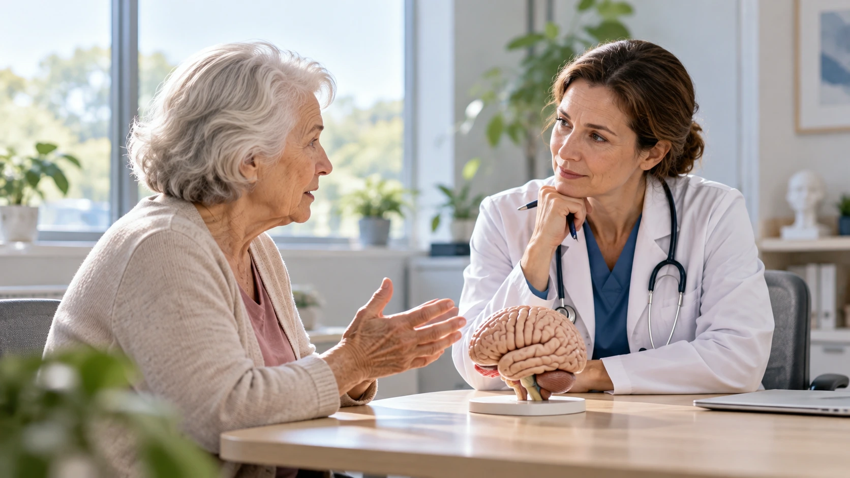 A clinician and an older adult talking beside a brain teaching model.