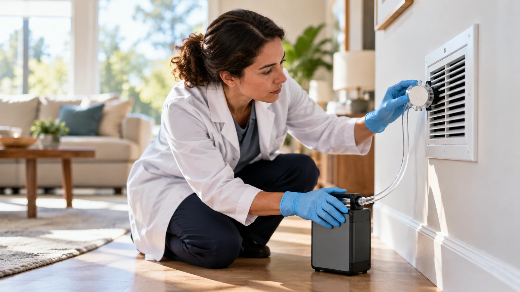 An environmental researcher setting up an air sampler near a household vent.