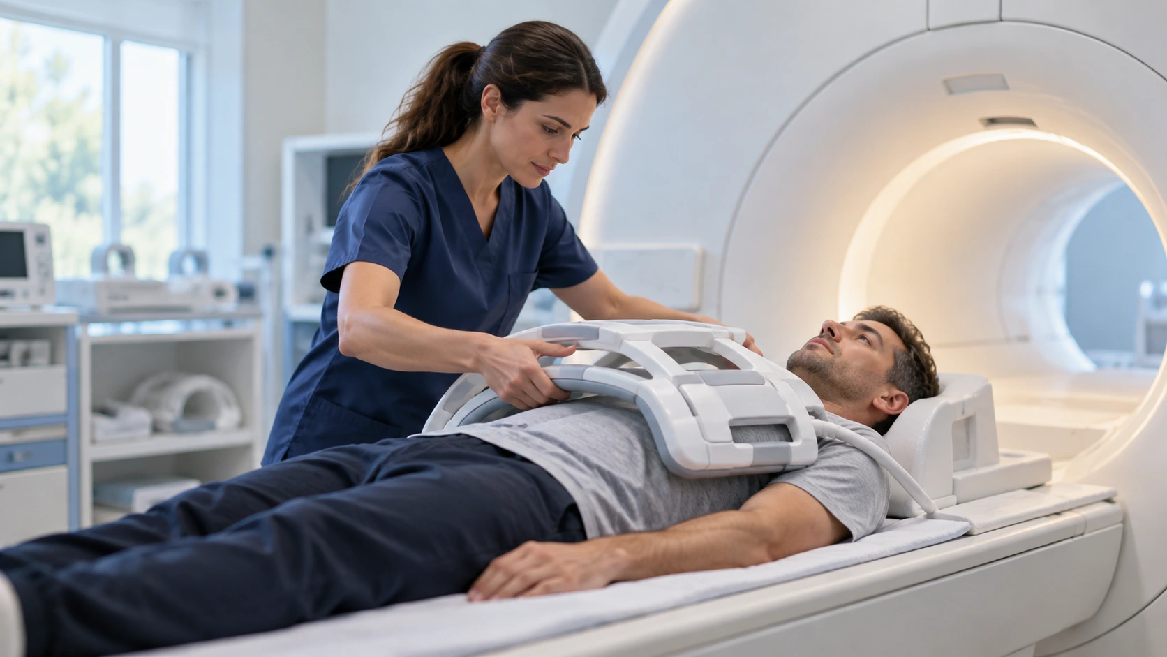 A radiographer preparing an adult for a cardiac MRI examination.