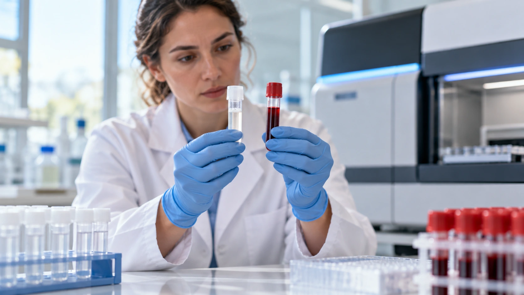A genomic researcher comparing sealed saliva and blood specimen tubes.