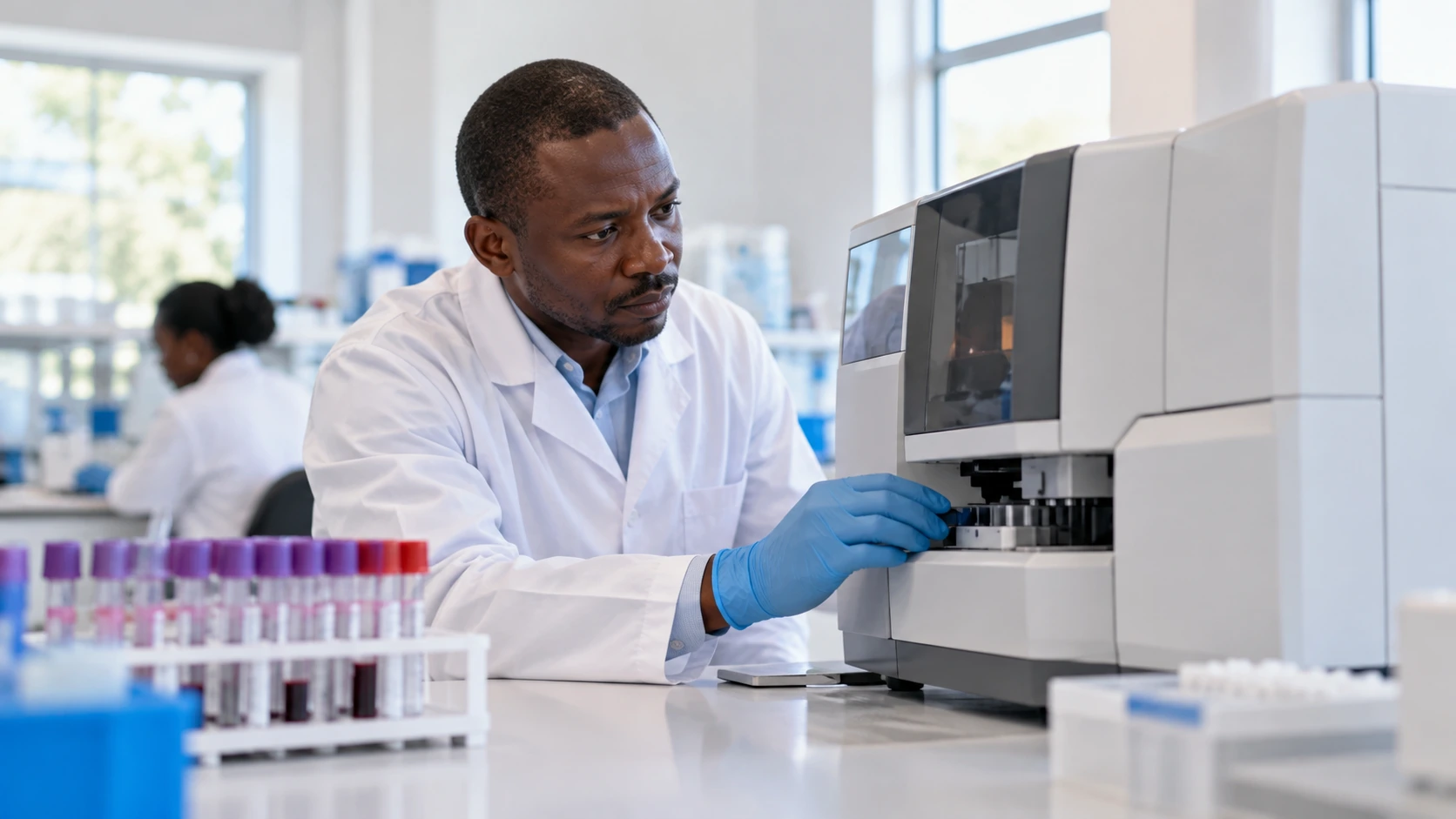 A laboratory technician inspecting a benchtop analyser.