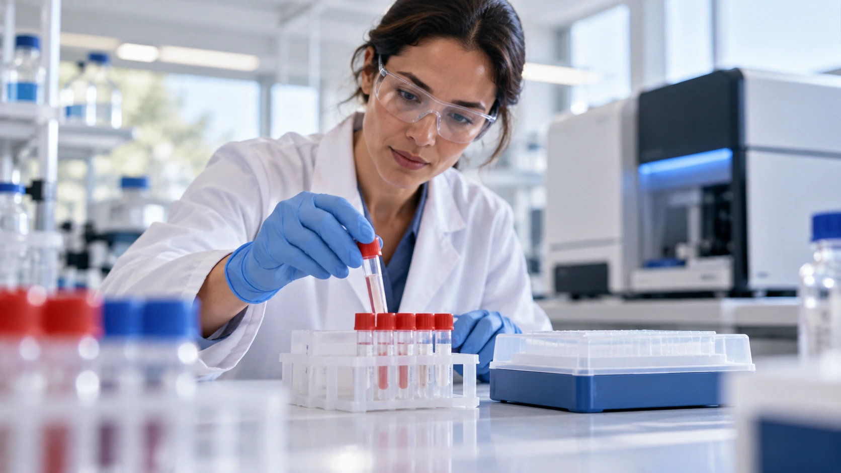 A clinical laboratory researcher handling a respiratory sample beside a covered reagent plate.