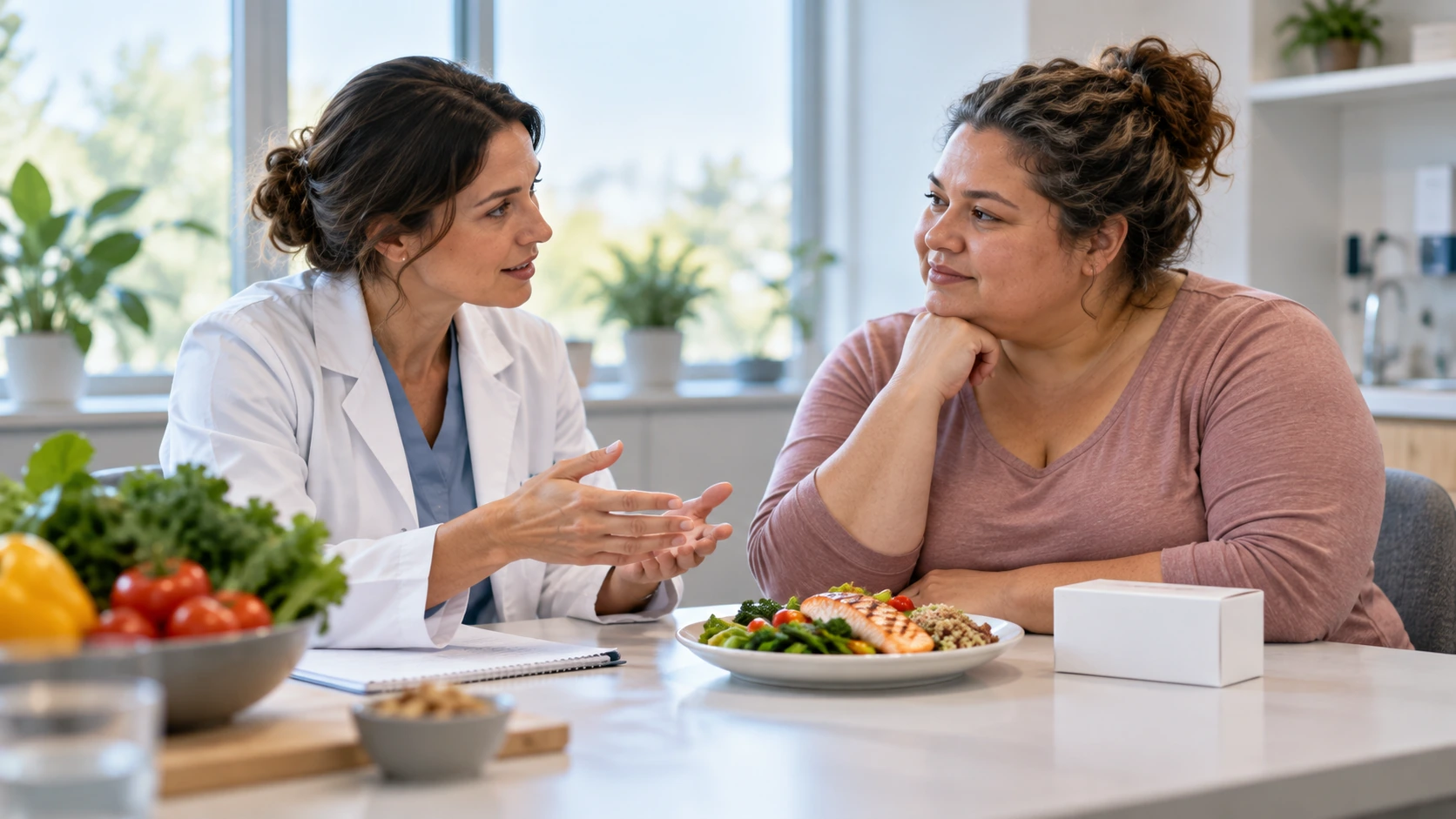 A dietitian discussing food choices and medicines with an adult.